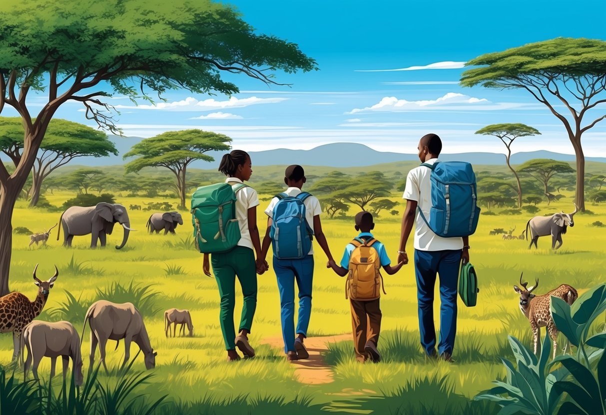 A family walks through a lush Kenyan landscape, carrying backpacks and holding hands while surrounded by wildlife and a clear blue sky