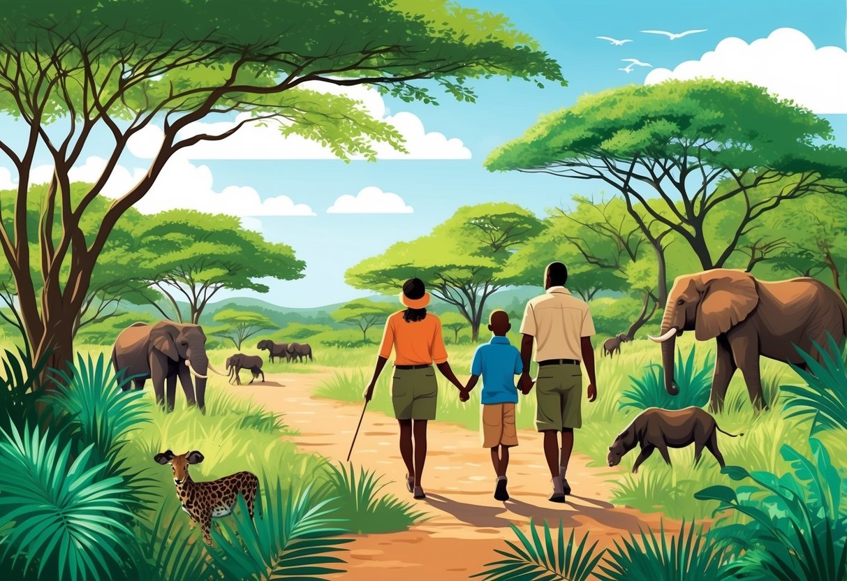 A family exploring the wildlife of Kenya, surrounded by lush greenery and vibrant animals, with a guide leading the way through the safari