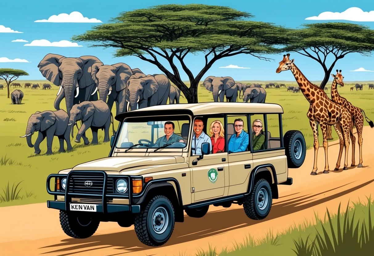 A safari vehicle drives through the Kenyan savannah, with a family of four inside, passing by a herd of elephants and a group of giraffes