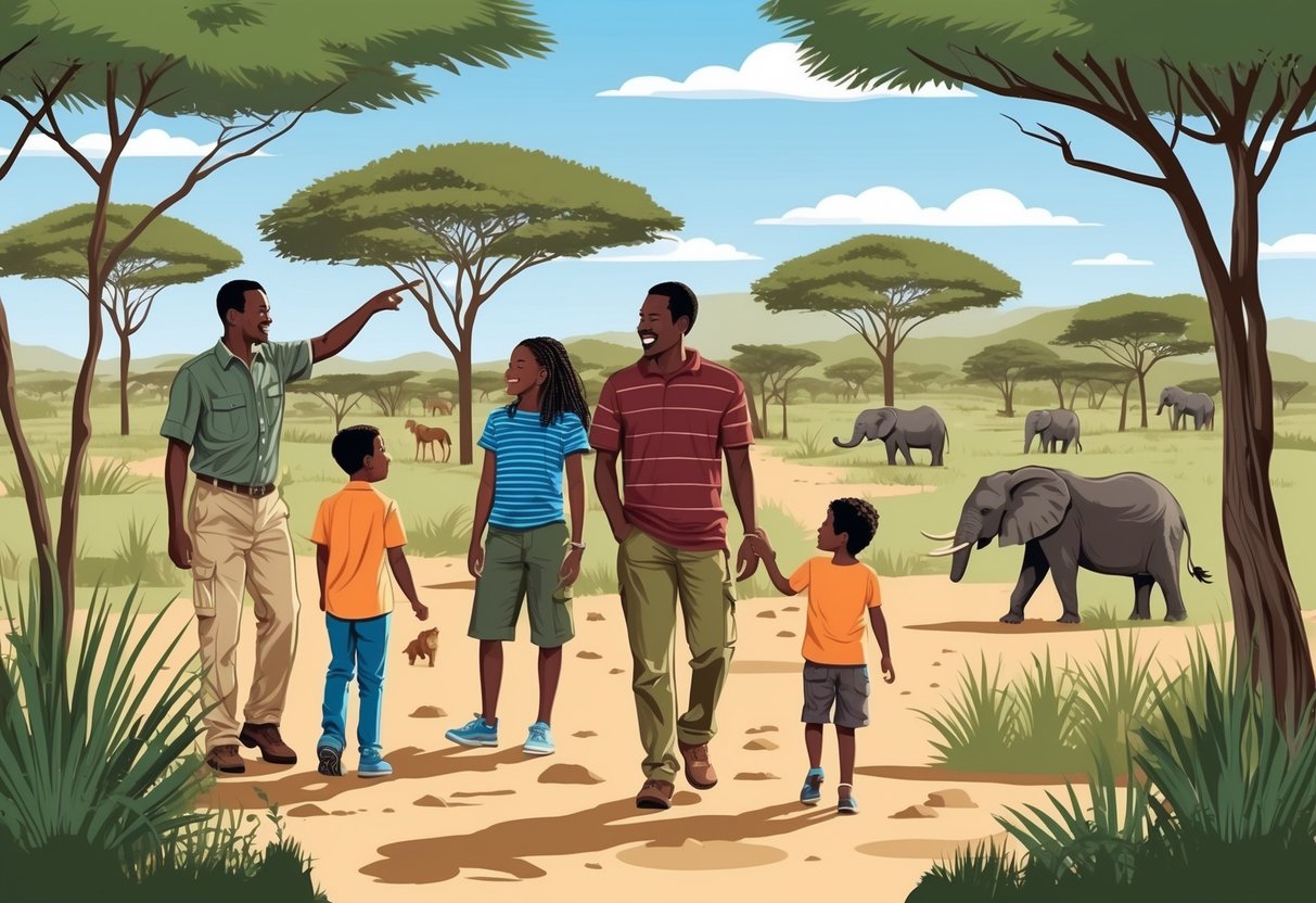 A family exploring a wildlife reserve in Kenya, with a guide pointing out safe areas for children to observe animals