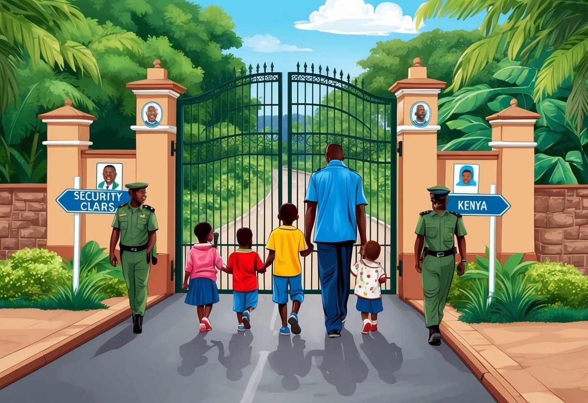 A family with young children walking through a gated entrance with security guards, surrounded by lush greenery and clear signposts in Kenya