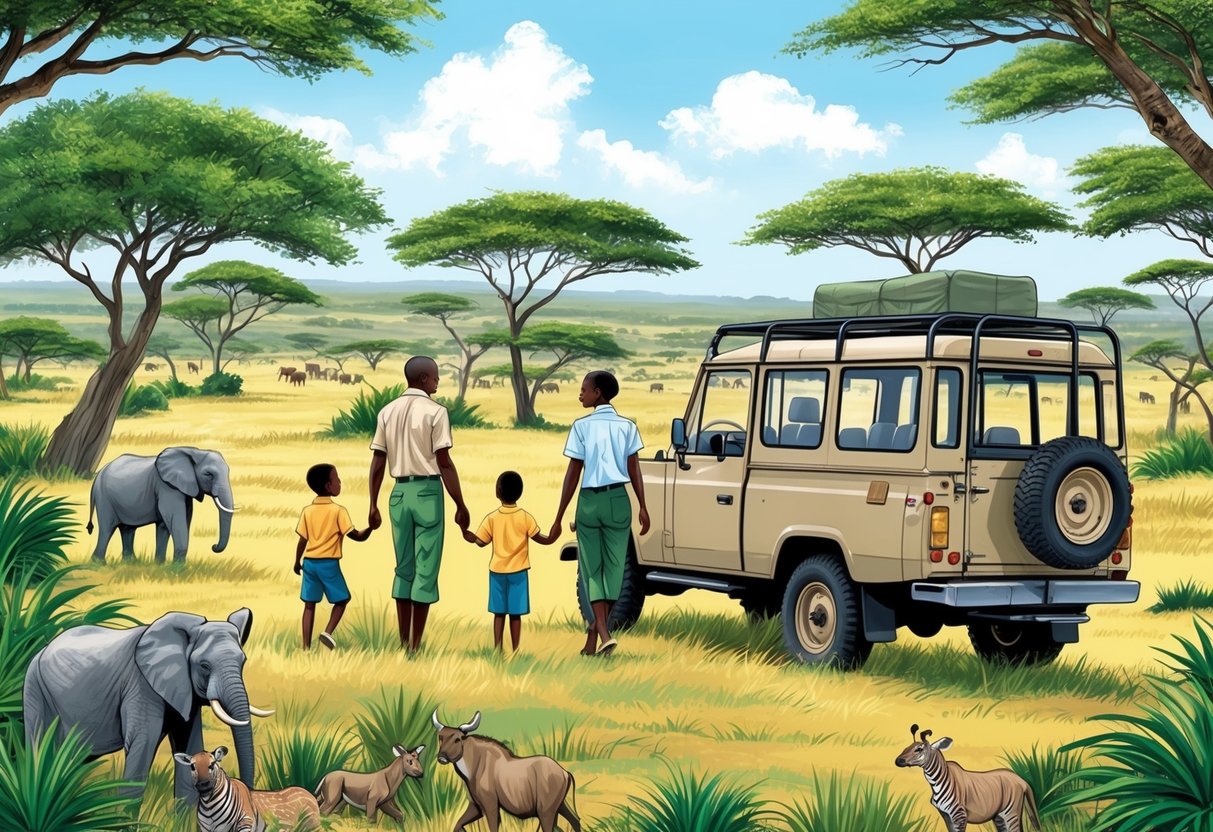 A family stands by a safari jeep in the Kenyan savannah, surrounded by wildlife and lush greenery. The parents hold hands as they guide their children through the natural beauty of the African landscape