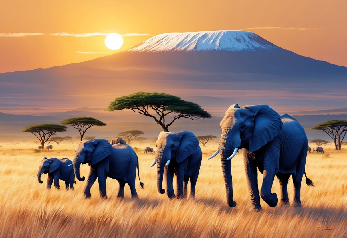 A family of elephants roam freely in the savanna, with Mount Kilimanjaro towering in the background. The golden sun sets over the vast African landscape