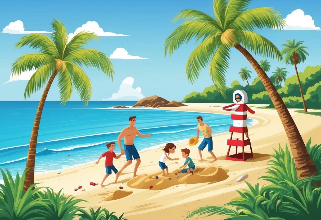 A serene beach with clear blue waters, palm trees, and a gentle breeze. A family plays in the sand while a lifeguard keeps watch