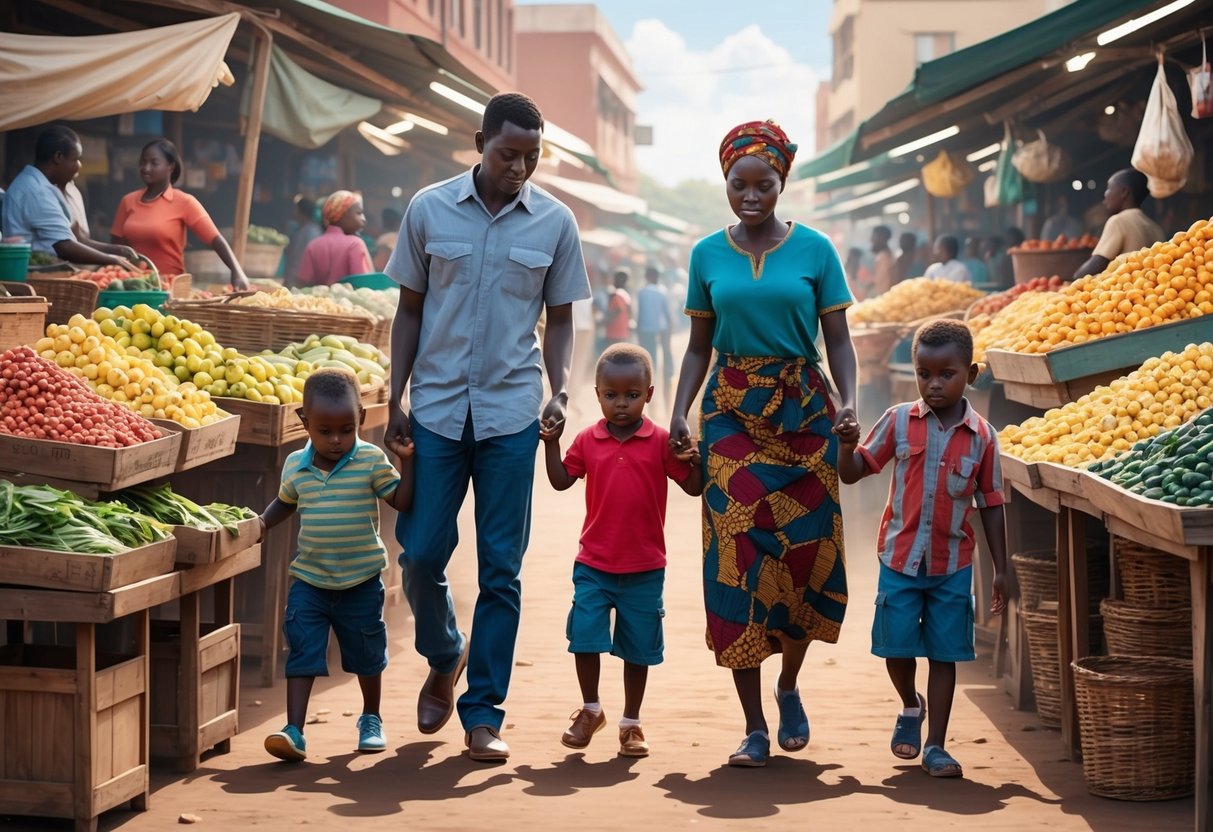 A family with young children navigating a bustling Kenyan market, with parents holding onto their kids and keeping a watchful eye on their surroundings