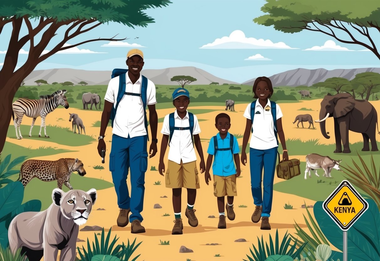 A family with kids exploring Kenya, following safety tips, surrounded by wildlife and beautiful landscapes