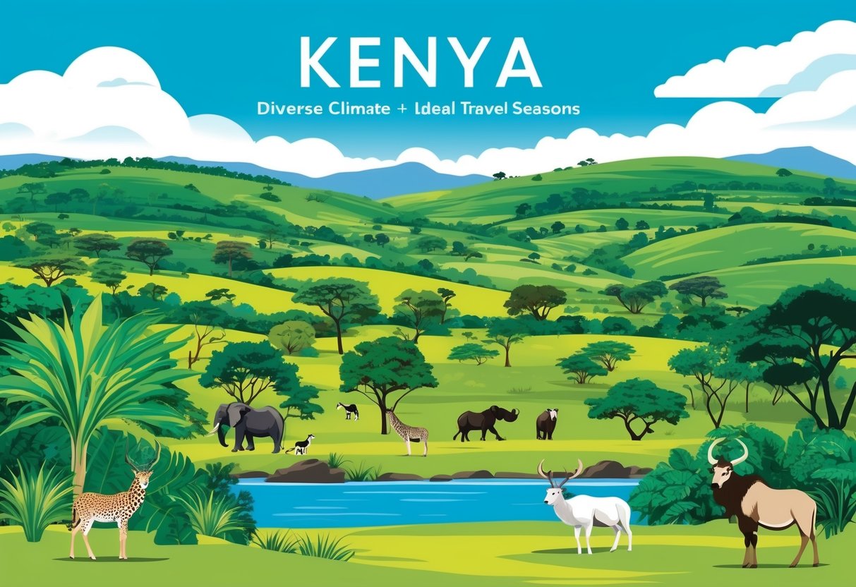 A sunny landscape with lush greenery, clear blue skies, and a variety of wildlife, depicting Kenya's diverse climate and ideal travel seasons