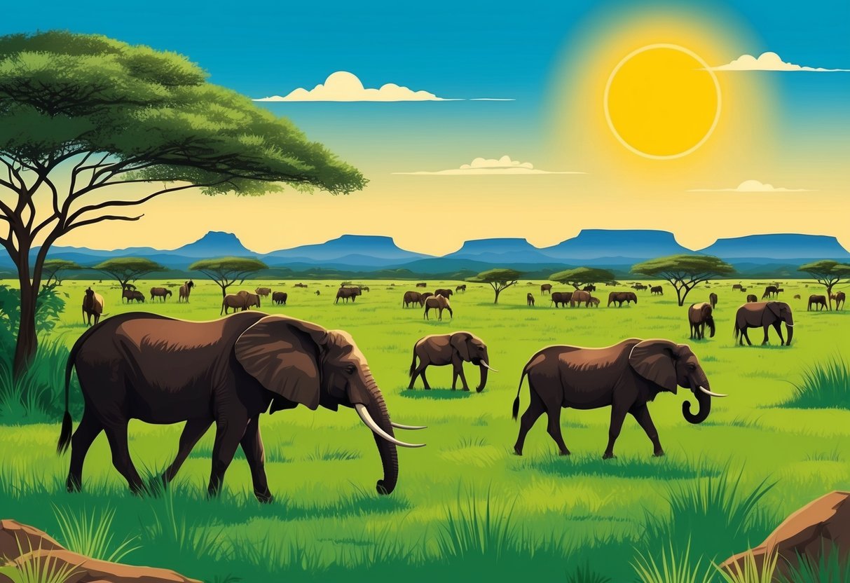 Lush green savanna with grazing wildlife under a bright sun, clear blue sky, and distant mountains