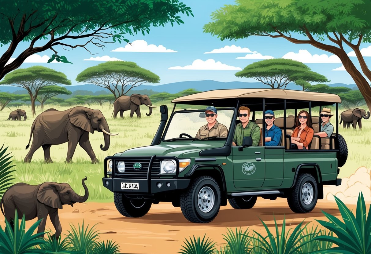 A family of four enjoys a safari in Kenya during the dry season, surrounded by lush greenery and wildlife