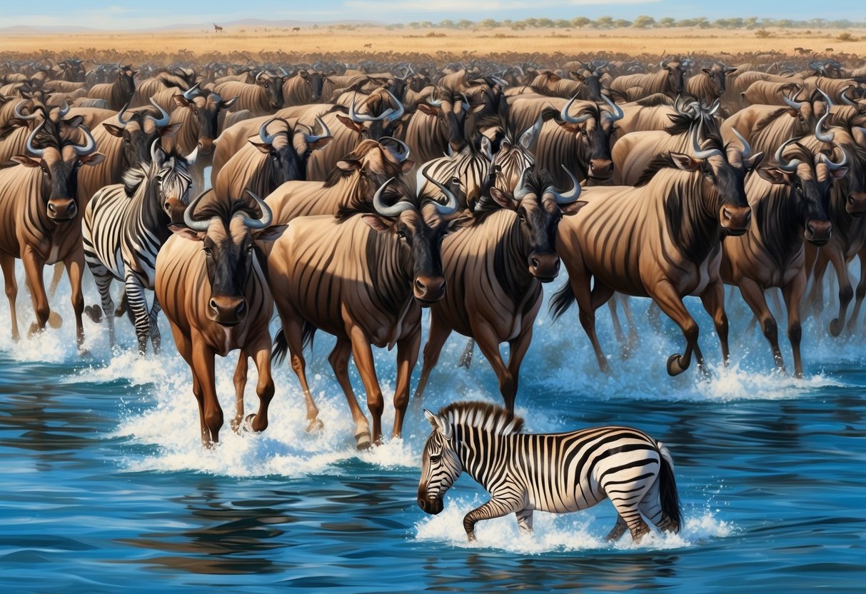 A herd of wildebeest and zebras crossing a river in Kenya during the annual migration