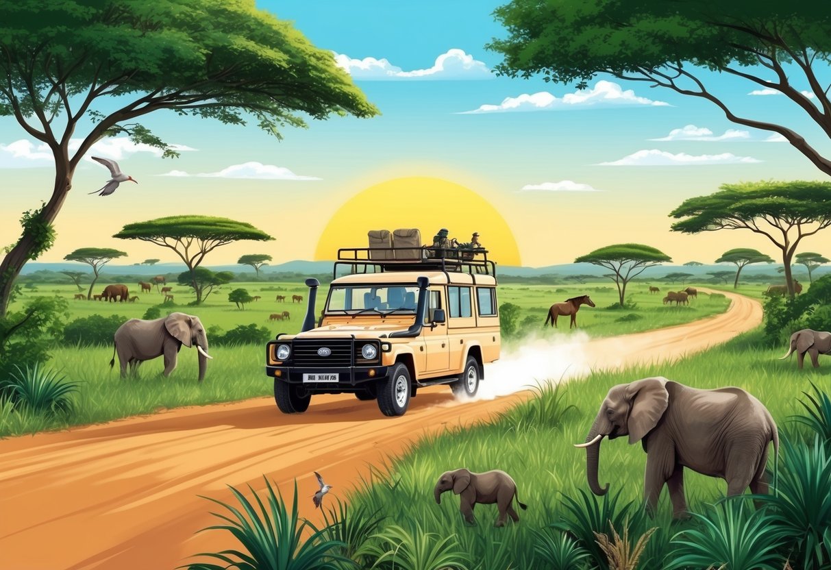 A sunny landscape with a safari vehicle driving through the savannah, surrounded by lush greenery and wildlife