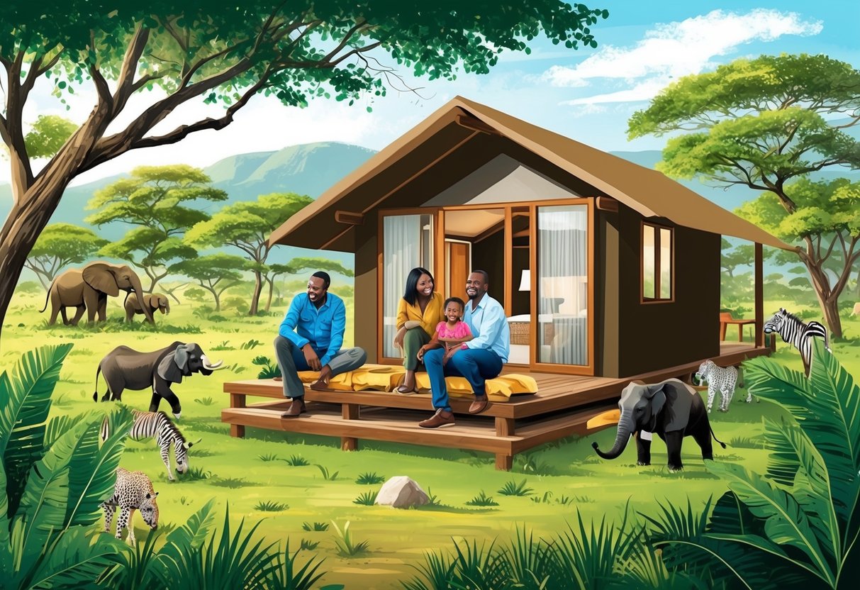 A family of four enjoys a safari lodge in Kenya, surrounded by lush greenery and wildlife, with a cozy cabin and outdoor play area