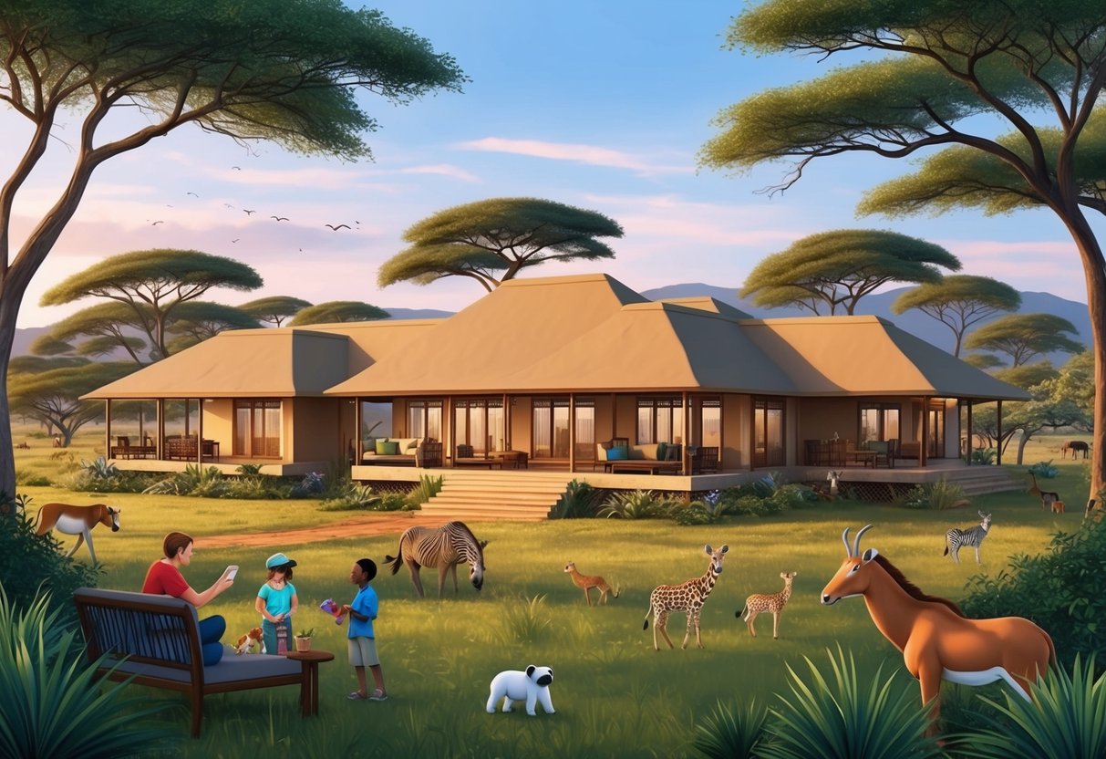 A cozy family lodge nestled in the Kenyan savanna, surrounded by lush greenery and wildlife, with spacious accommodations and kid-friendly amenities