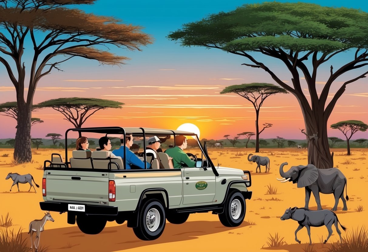 A family of four enjoys a sunset safari drive in the African savanna, surrounded by acacia trees and wildlife