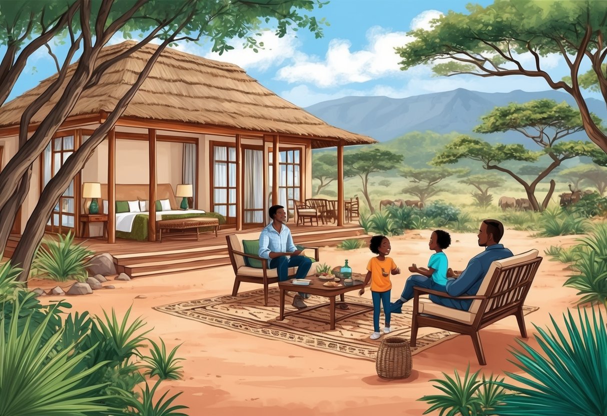 A family enjoys a safari lodge in Kenya, with cozy accommodations and kid-friendly amenities amidst the beautiful natural surroundings