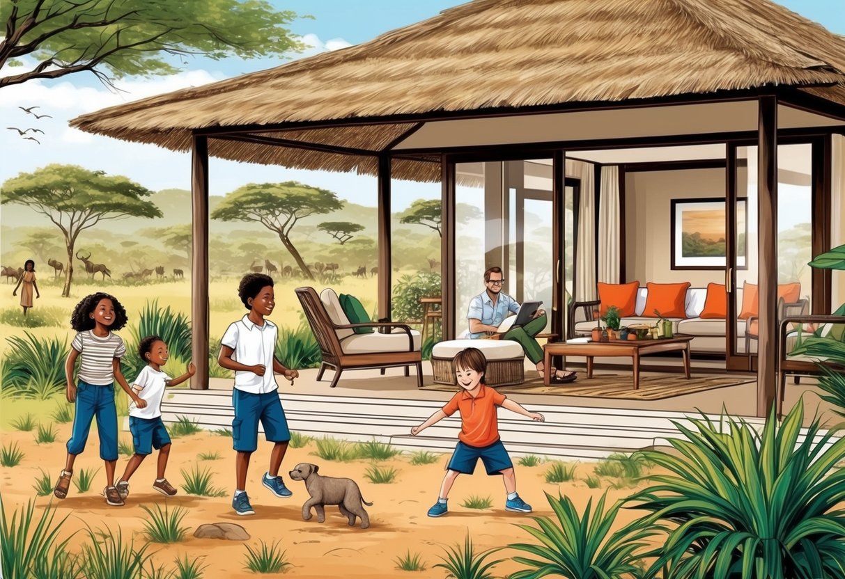 A family enjoying a safari lodge in Kenya, with kids playing and exploring the natural surroundings, while parents relax in the comfortable accommodation