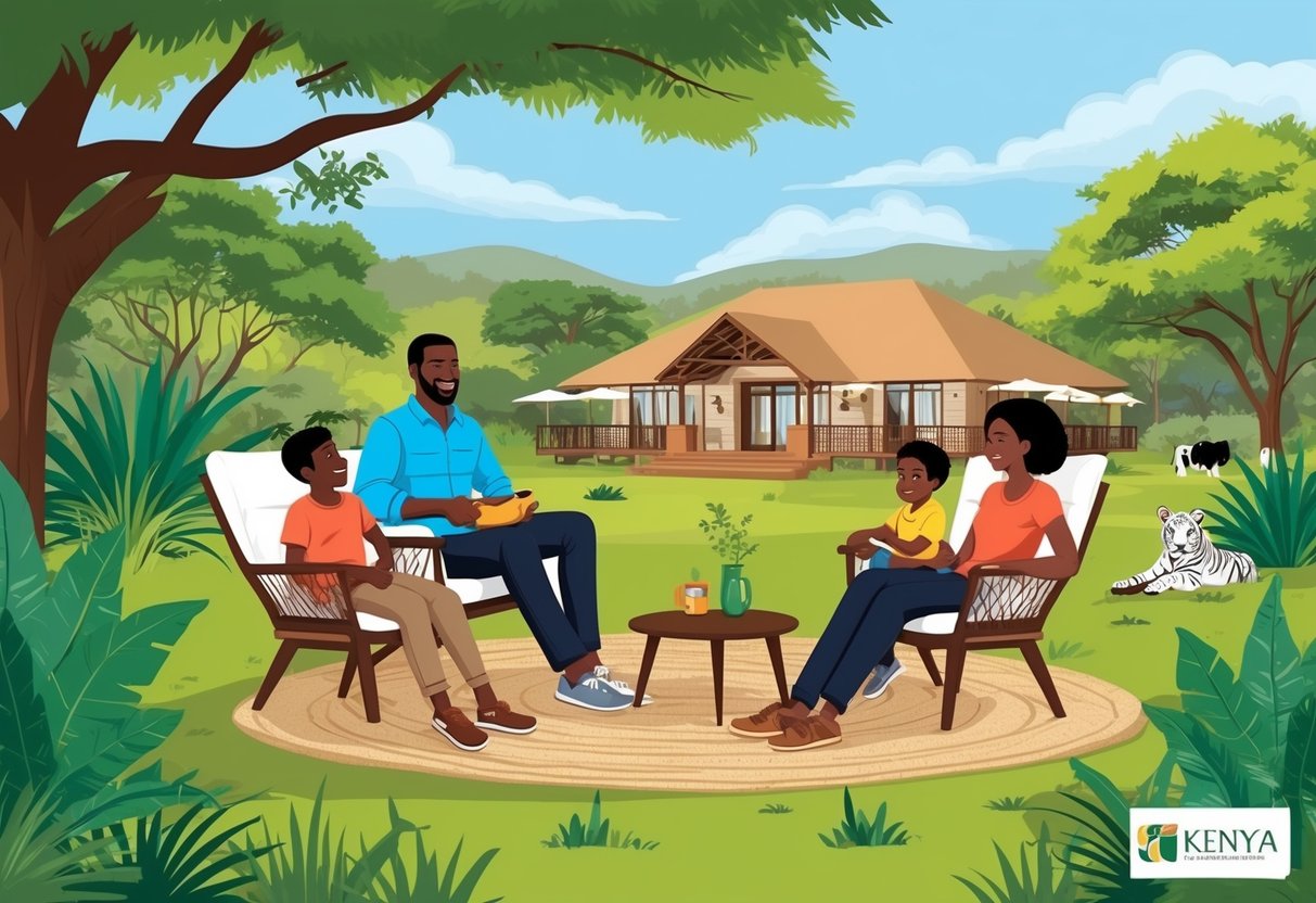 A family of four enjoys a relaxing stay at a kid-friendly lodge in Kenya, surrounded by lush greenery and wildlife