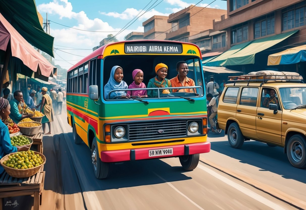 A family of four rides in a colorful, crowded minibus through the bustling streets of Nairobi, Kenya, passing by street vendors and vibrant markets