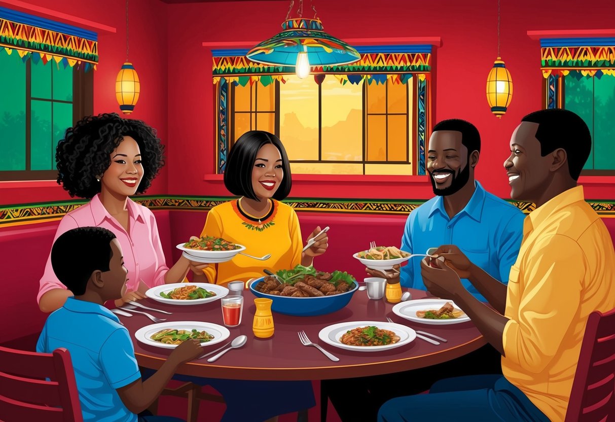 A family enjoying a budget-friendly meal at a local Kenyan restaurant, surrounded by vibrant colors and traditional decor