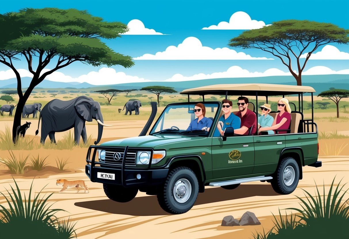 A family of four enjoys a safari in Kenya, surrounded by wildlife and scenic landscapes