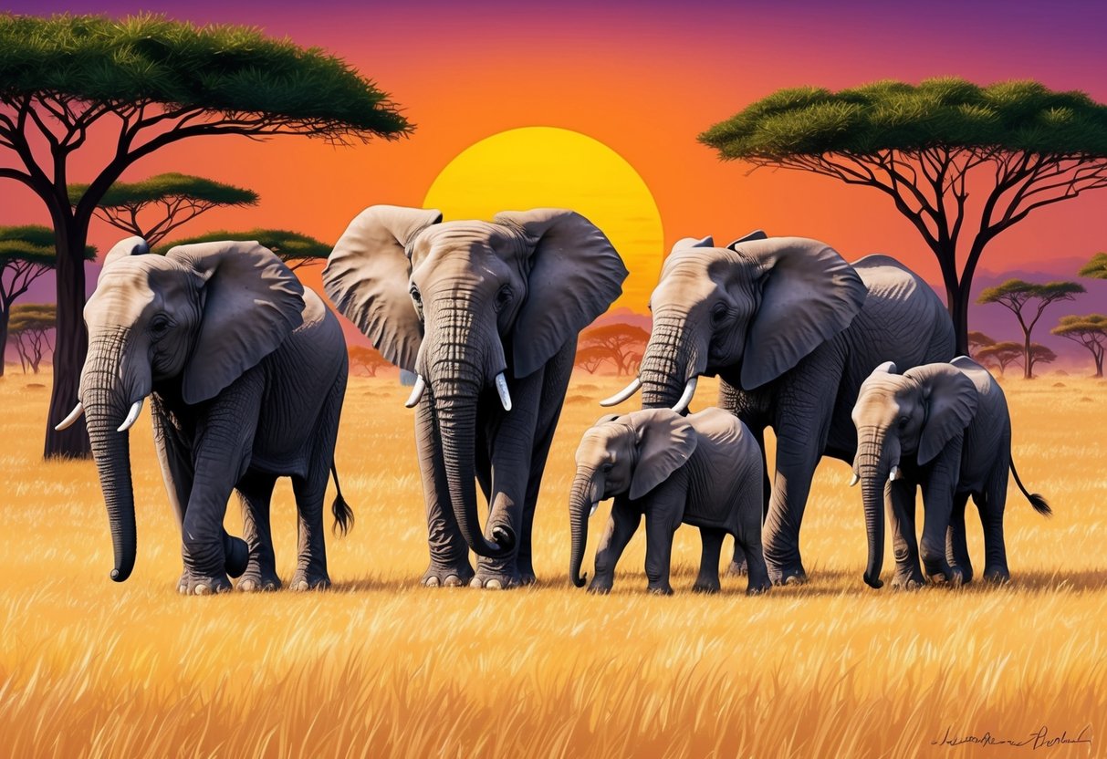 A family of elephants grazing in the golden savannah, with a backdrop of acacia trees and a vibrant African sunset