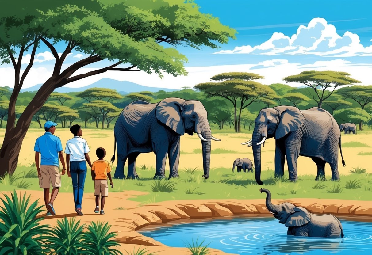 A family exploring a wildlife reserve in Kenya, watching elephants at a watering hole with a backdrop of lush greenery and a clear blue sky