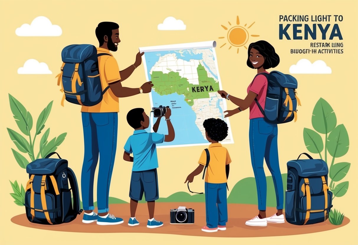 A family packing light for a trip to Kenya, with a map, camera, and backpacks, while researching budget-friendly activities