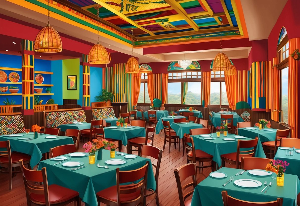 A bustling Kenyan restaurant with colorful decor, serving traditional family-friendly and vegan-friendly dishes