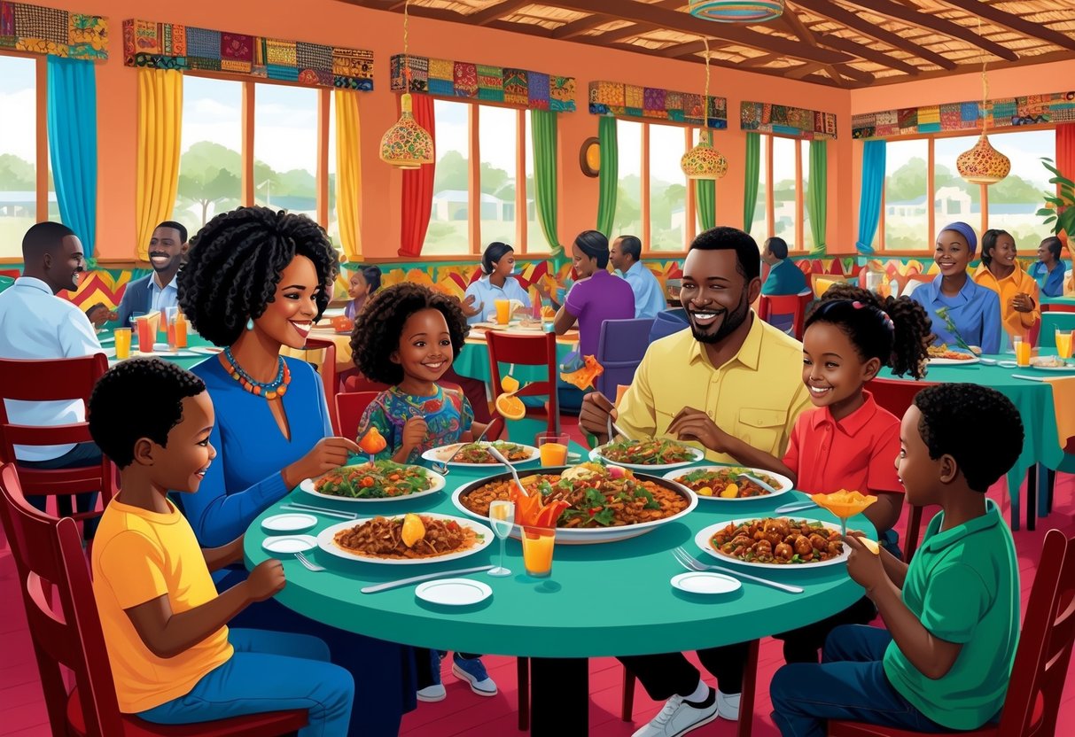 Families enjoying Kenyan cuisine at a bustling restaurant, with colorful decor and a welcoming atmosphere for children and vegans alike