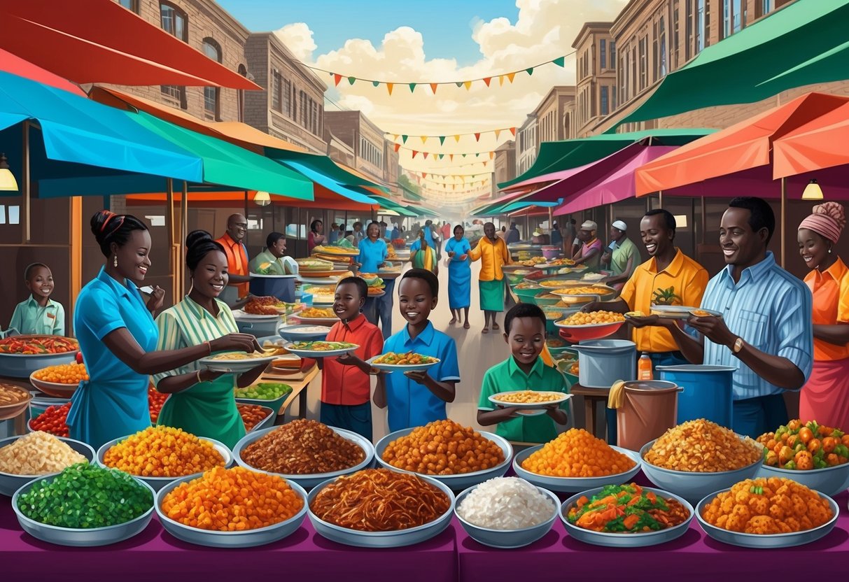 A bustling Kenyan marketplace with colorful food stalls and families sampling traditional dishes