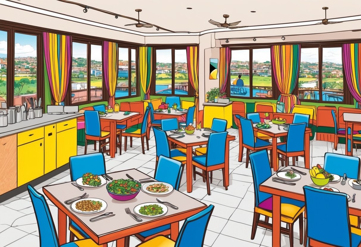 A bustling family dining venue in Kenya, with colorful decor, high chairs, and a variety of Kenyan food options, including vegan-friendly dishes