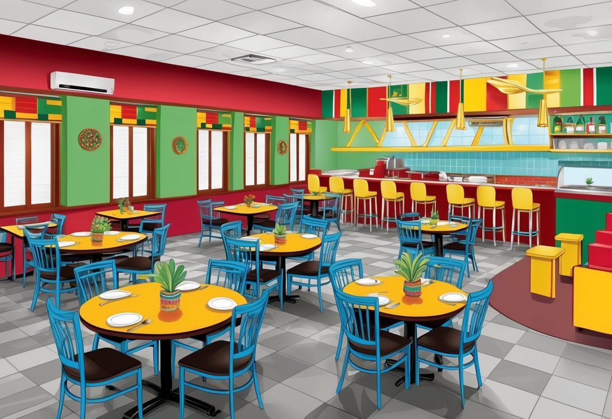 A bustling Kenyan restaurant with colorful decor, highchairs, and a play area for kids, serving up traditional Kenyan dishes and vegan-friendly options