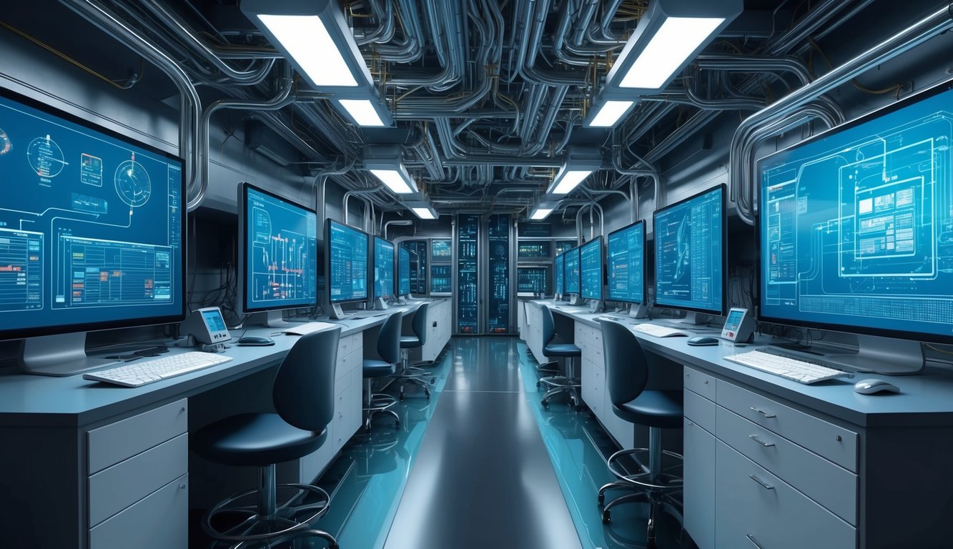 Gelişmiş ekipmanlar ve karmaşık veriler ile diyagramlar gösteren bilgisayar ekranlarıyla donatılmış, geleceğe yönelik bir elektronik mühendisliği laboratuvarı