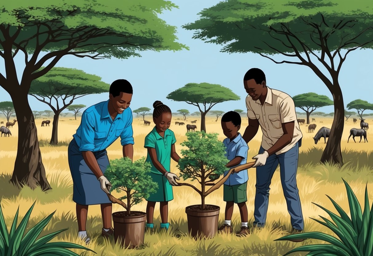 A family of four works together to plant trees in the Kenyan savanna, surrounded by roaming wildlife and lush greenery