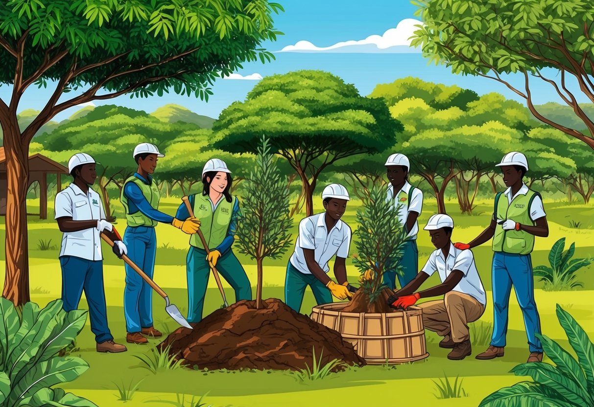 A group of wildlife volunteers in Kenya planting trees and building shelters for animals in a lush, green conservation area