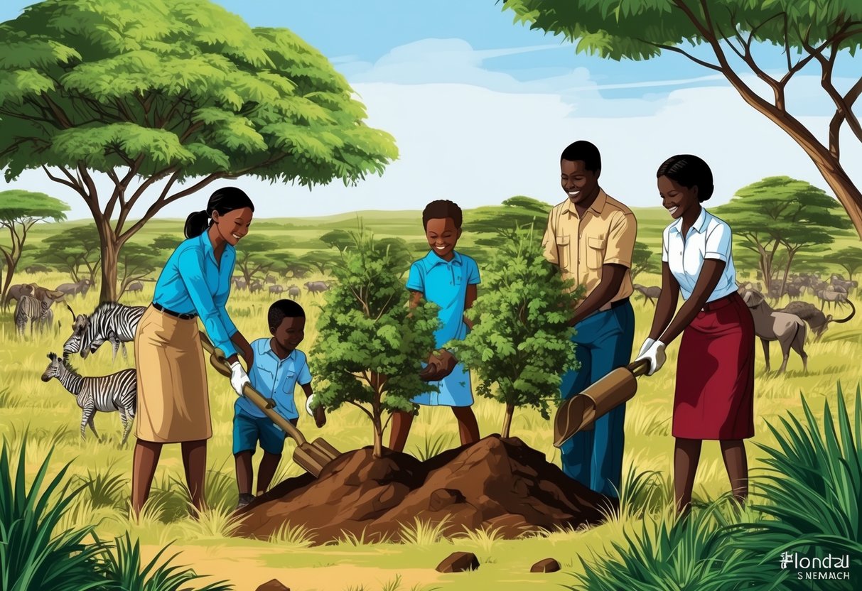 A family of four planting trees in the Kenyan savannah, surrounded by wildlife and lush greenery