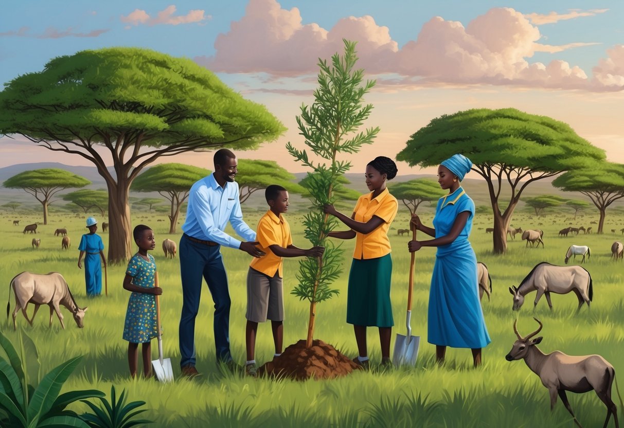 A family of four planting trees in a lush Kenyan savannah, surrounded by grazing wildlife and local community members