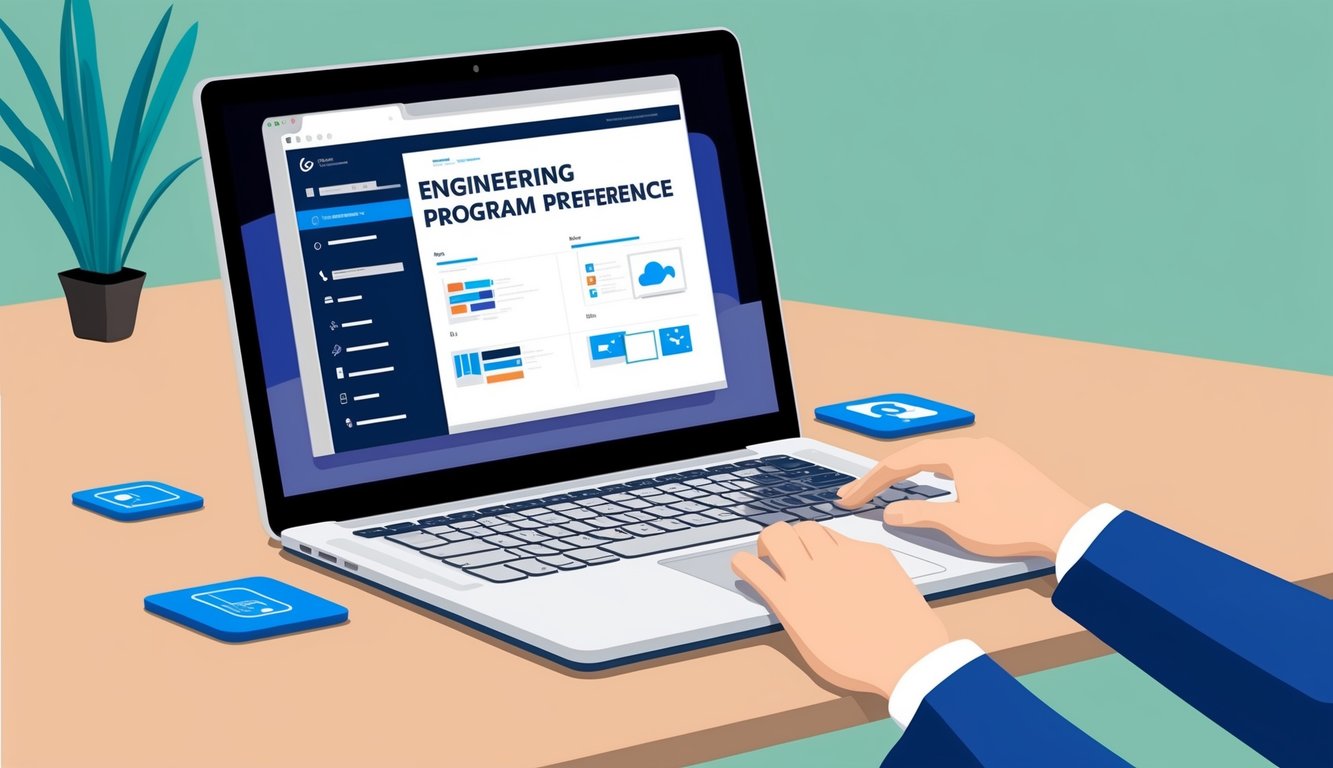 Mühendislik programı tercih bilgilerini gösteren bir web sayfasına açık bir dizüstü bilgisayar, ekranda çeşitli sekmeler ve düğmeler görünür.