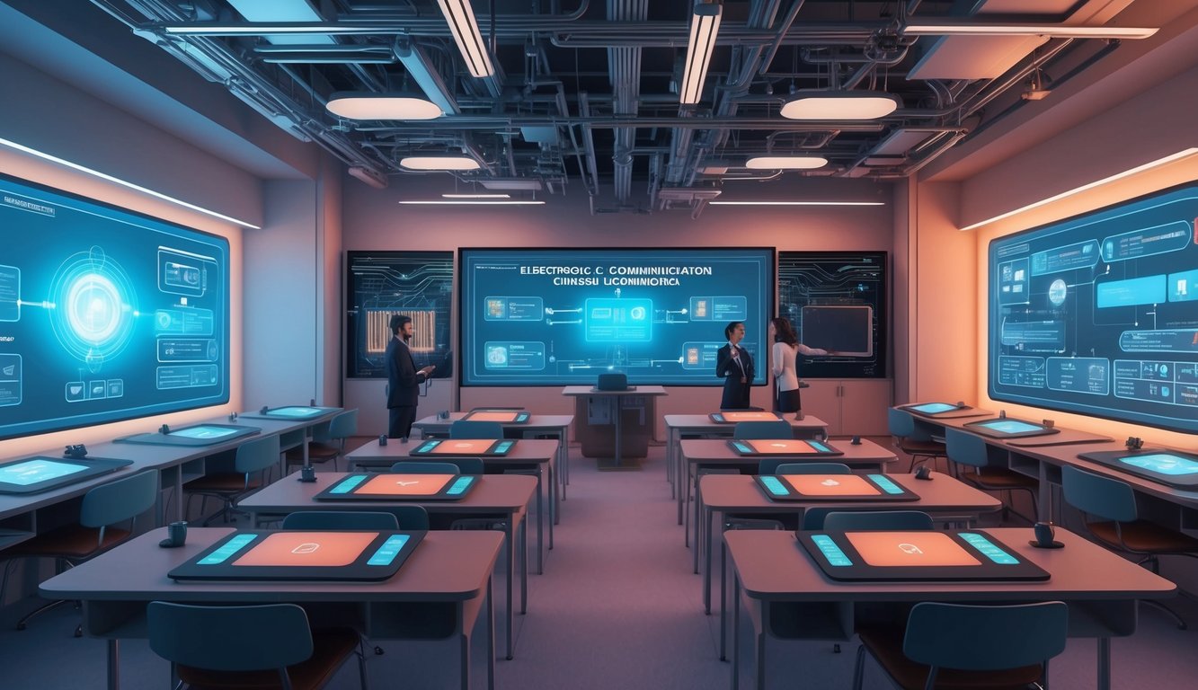 Gelişmiş teknoloji ve etkileşimli öğrenme araçlarıyla donatılmış, geleceğe yönelik bir elektronik ve iletişim mühendisliği sınıfı
