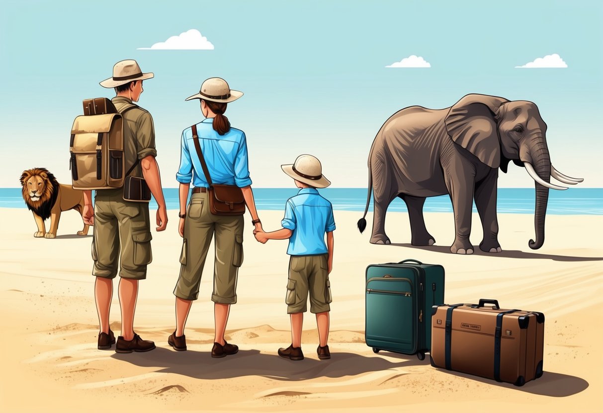 A family stands on a sandy beach, with safari gear and suitcases nearby. A lion and elephant are visible in the distance