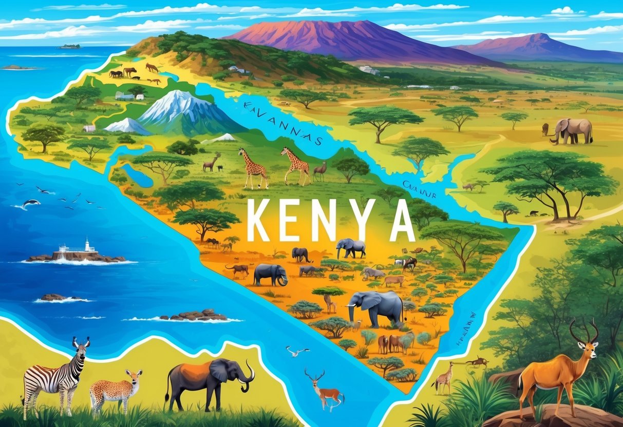 A vibrant map of Kenya with diverse landscapes and wildlife, including savannas, mountains, and coastal areas