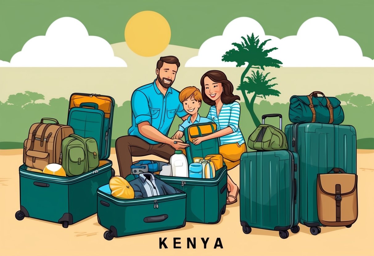 A family packing suitcases with safari gear and beach essentials for their trip to Kenya