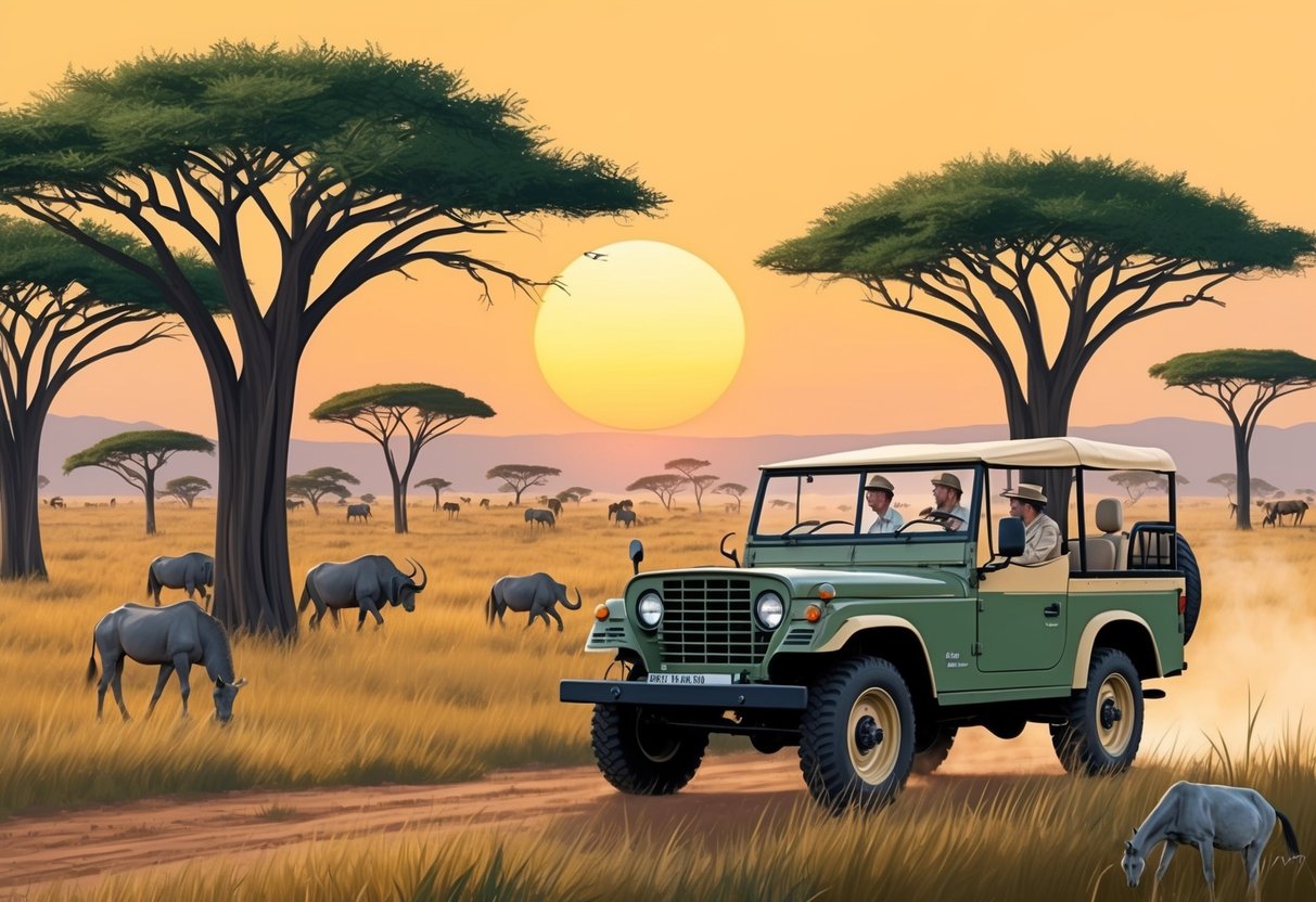 A safari jeep drives through the grasslands, surrounded by acacia trees and wildlife. In the distance, the sun sets over the savanna, casting a warm glow over the landscape