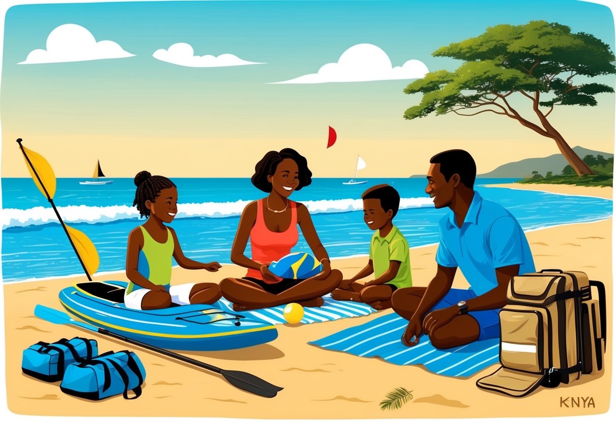 A family enjoys beach activities in Kenya, with water sports equipment and safari gear packed nearby