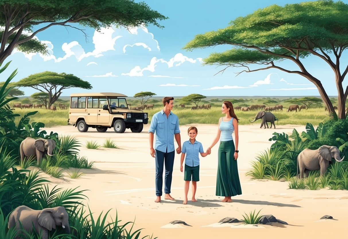 A family stands on a sandy beach, surrounded by lush greenery and wildlife. In the distance, a safari vehicle traverses the savannah