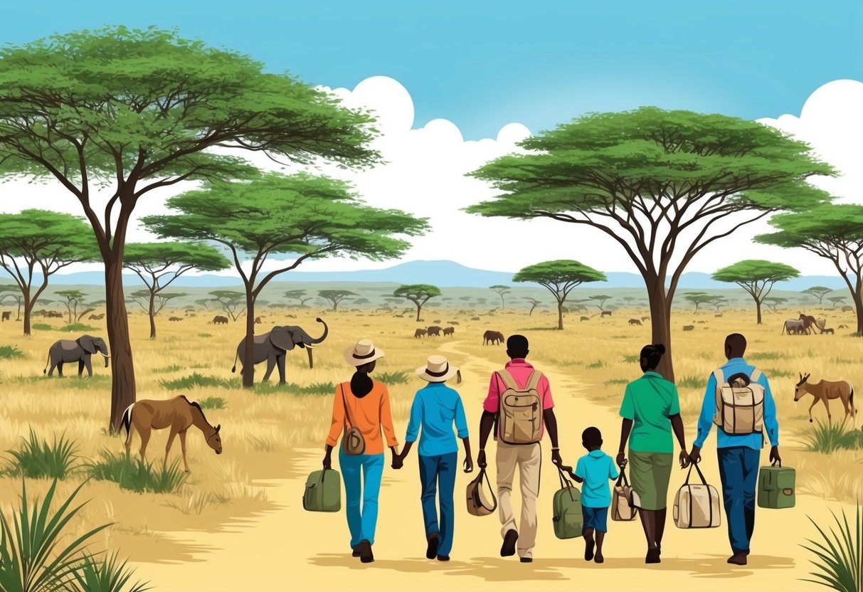 A family sets off on a safari in Kenya, their bags packed for adventure. The savannah stretches out before them, dotted with acacia trees and wildlife