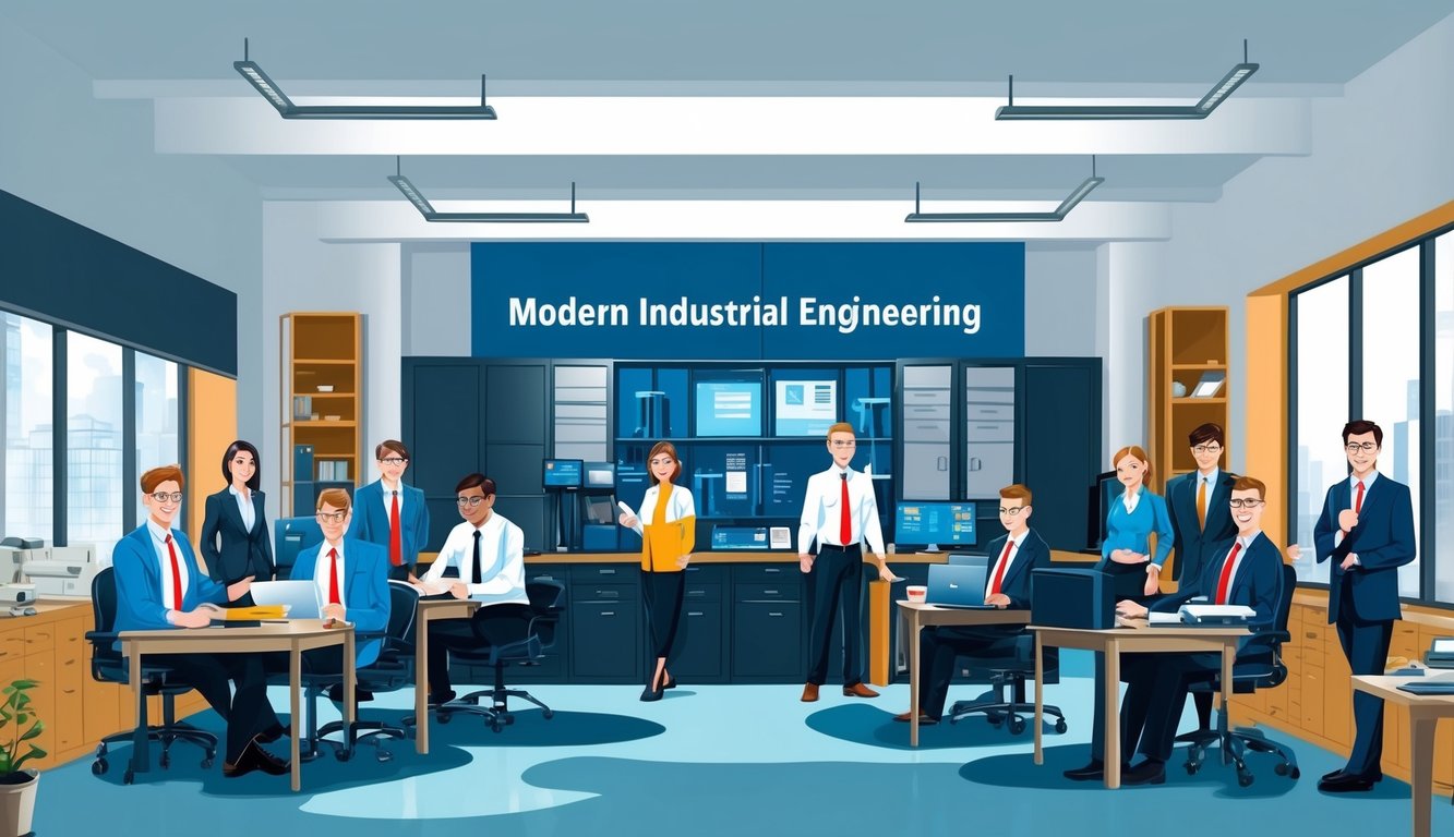 Öğrenciler, profesörler ve ekipmanlarla modern bir endüstri mühendisliği bölümü