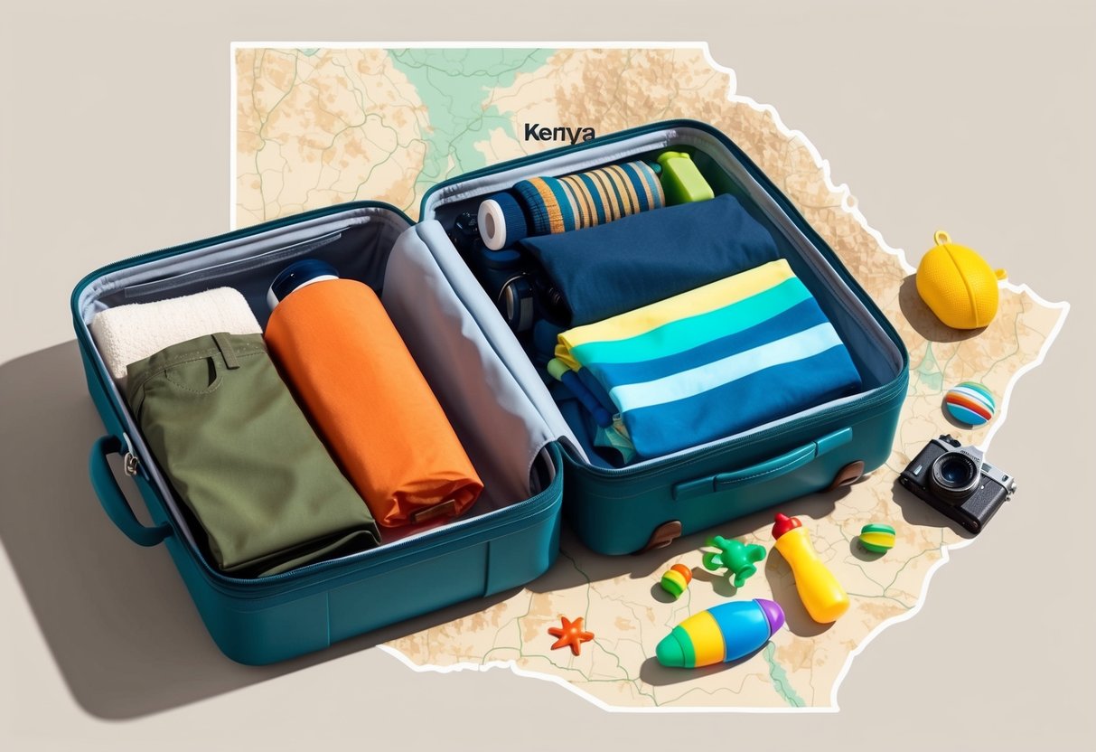 A suitcase open with safari clothes, sunscreen, camera, and beach toys scattered on a map of Kenya