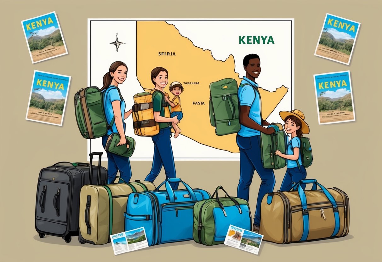 A family of four packs safari gear and beach essentials into suitcases and duffle bags, surrounded by a map of Kenya and travel brochures