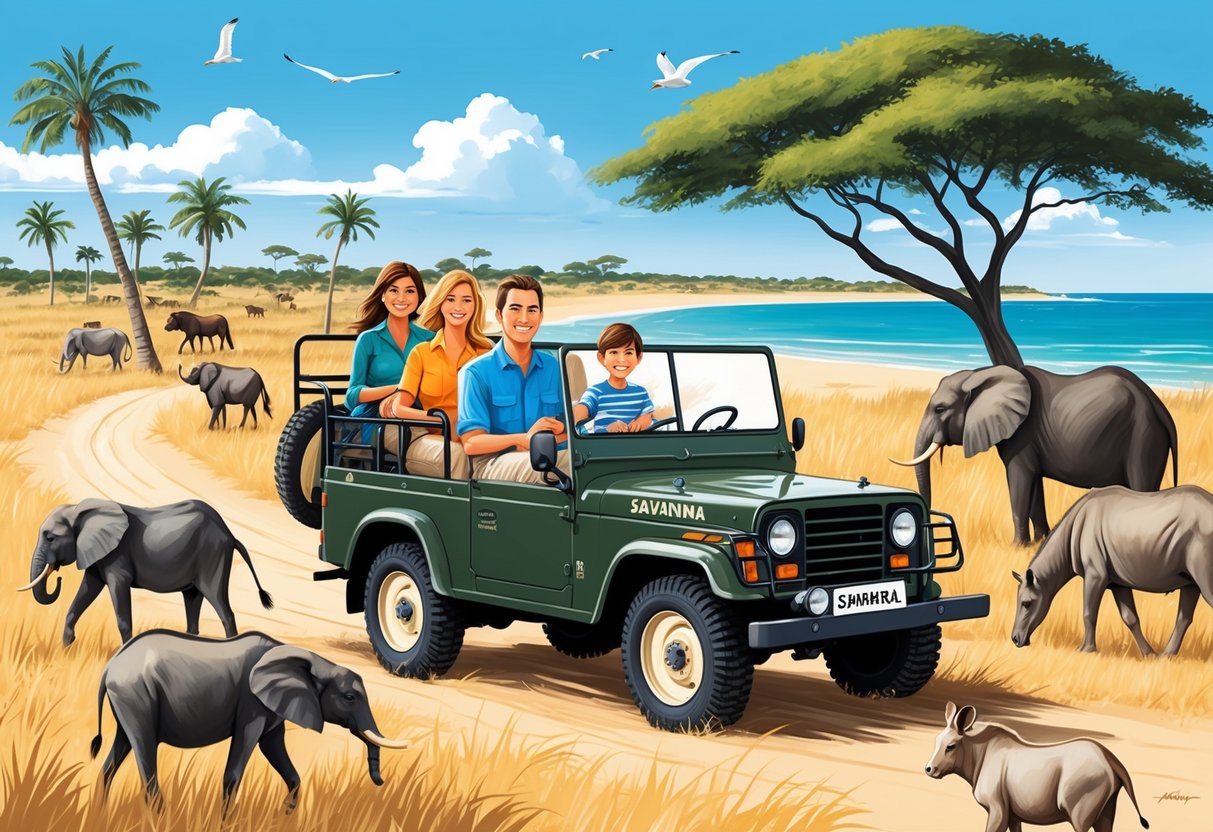 A family sits on a safari jeep, surrounded by savannah animals. In the distance, a pristine beach with palm trees awaits